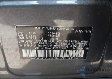 2019 Subaru Legacy 2.5I Sport из США, поврежденный, VIN 4S3BNAS63K3019077